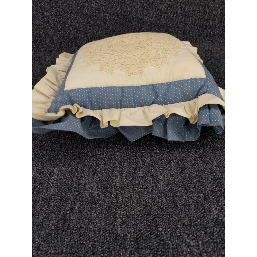 Vintage Accent Pillow Blue White‎ Polka Dot Crochet Doily Ruffle